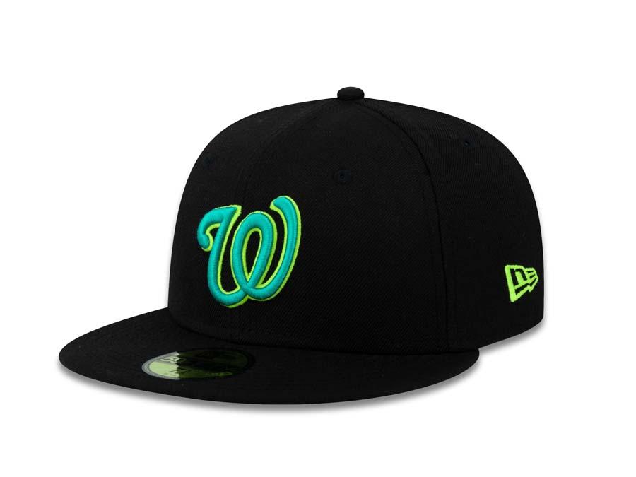 Washington Nationals New Era MLB 59Fifty 5950 Fitted Cap Hat Black Crown/Visor Aqua/Neon Yellow Logo