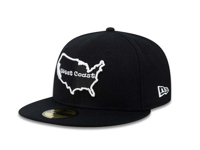 West Coast New Era MLB 59Fifty 5950 Fitted Cap Hat Black Crown/Visor Black/White USA Map Logo