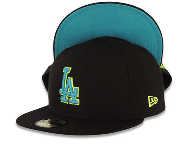 Los Angeles Dodgers New Era MLB 59FIFTY 5950 Fitted Cap Hat Black Crown/Visor Aqua/Neon Yellow Logo Aqua UV