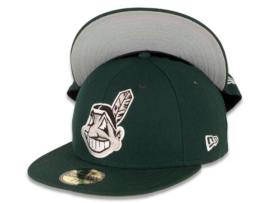 Cleveland Indians New Era MLB 59FIFTY 5950 Fitted Cap Hat Dark Green Crown/Visor Dark Gray/White Chief Wahoo Logo