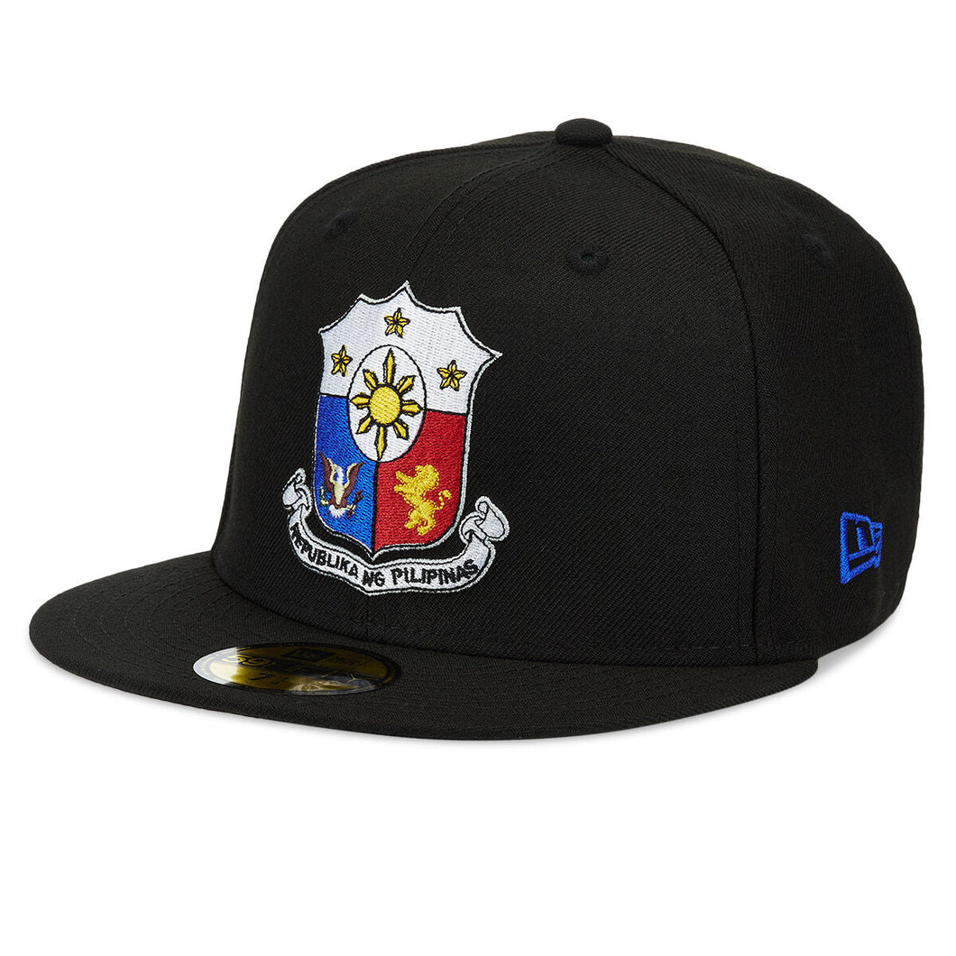 Philippines New Era 59FIFTY 5950 Fitted Cap Hat Black Crown/Visor Philippines Crest Flag Logo 3 Stars Back Logo