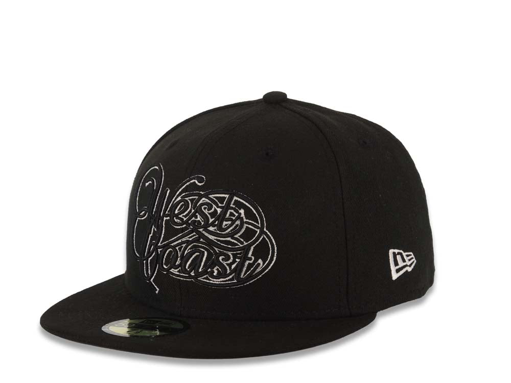 West Coast New Era 59FIFTY 5950 Fitted Cap Hat Black Crown/Visor Black/White Script Logo