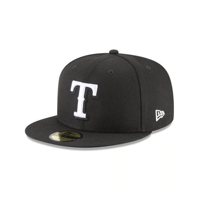 Texas Rangers New Era 59FIFTY 5950 Fitted Cap Hat Black Crown/Visor White Logo 