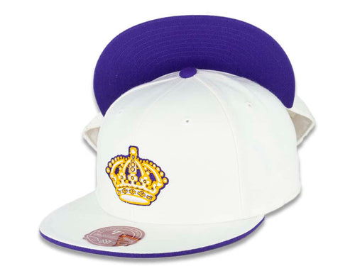 Los Angeles Kings NHL Mitchell & Ness Fitted Cap Hat White Crown/Visor Yellow/Purple/White “Crown” Vintage Old School Logo
