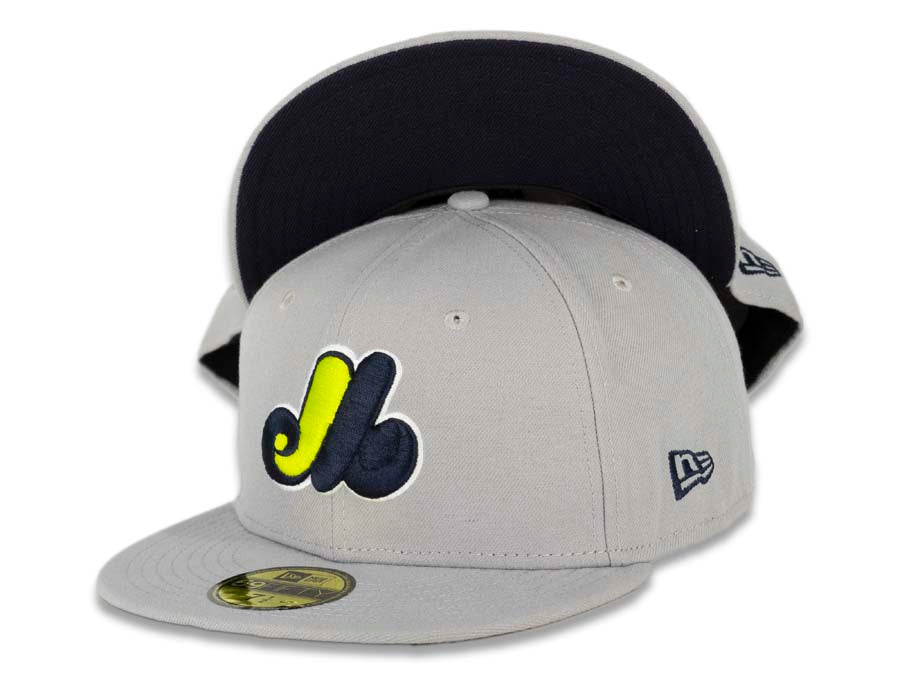 Montreal Expos New Era MLB 59FIFTY 5950 Fitted Cap Hat Gray Crown/Visor Navy/Cyber Green Logo Navy UV