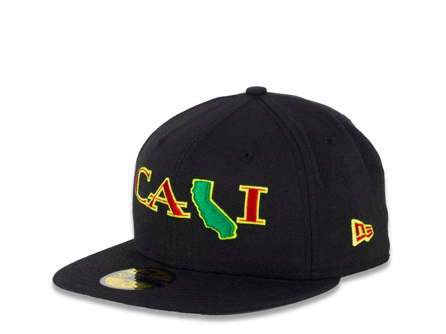 CALI CALIfornia New Era 59FIFTY 5950 Fitted Cap Hat Black Crown/Visor Red/Yellow/Green Raster CALI Script Logo with Map 