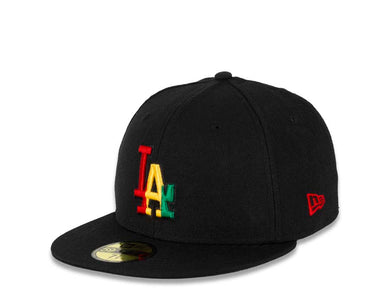 Los Angeles Dodgers New Era MLB 59FIFTY 5950 Cap Hat Black Crown/Visor Green/Yellow/Red Rasta Logo