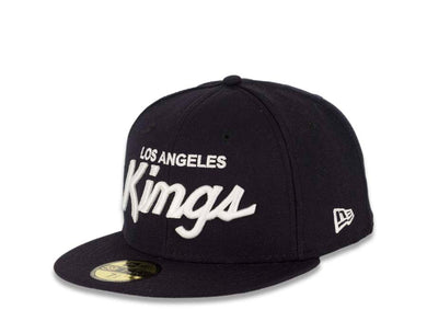 Los Angeles Kings New Era NHL 59FIFTY 5950 Fitted Cap Hat Dark Navy Crown/Visor White “Text” Logo 
