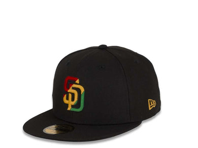 San Diego Padres New Era MLB 59FIFTY 5950 Fitted Cap Hat Black Crown/Visor Red/Yellow/Green Diagonal Logo 