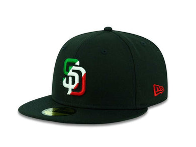 San Diego Padres New Era MLB 59FIFTY 5950 Fitted Cap Hat Black Crown/Visor Green/White/Red Diagonal Logo 