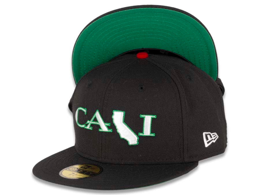 CALI CALIfornia New Era 59FIFTY 5950 Fitted Cap Hat Black Crown/Visor White/Green CALI Script Logo with Map 