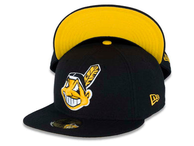 Cleveland Indians New Era MLB 59FIFTY 5950 Fitted Cap Hat Black Crown/Visor Gold/White/Black Chief Wahoo Logo