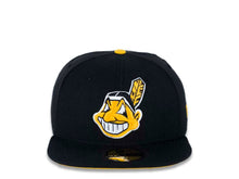 Load image into Gallery viewer, Cleveland Indians New Era MLB 59FIFTY 5950 Fitted Cap Hat Black Crown/Visor Gold/White/Black Chief Wahoo Logo
