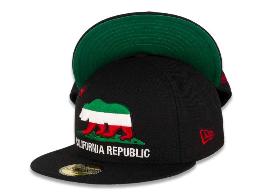 California Republic New Era 59FIFTY 5950 Fitted Cap Hat Black Crown/Visor Green/White/Red Logo 