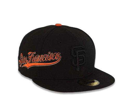 San Francisco Giants New Era MLB 59FIFTY 5950 Fitted Cap Hat Black Crown/Visor Black Logo with Orange Sideword Text