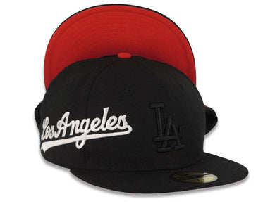 Los Angeles Dodgers New Era MLB Fitted Cap Hat Black Crown/Visor Black Logo With White Sideword Text Red UV