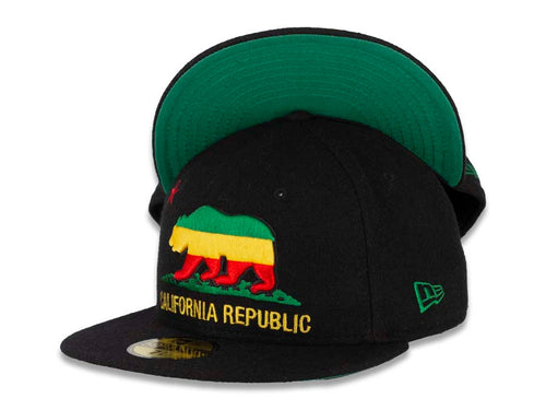 California Republic New Era 59FIFTY 5950 Fitted Melton Cap Hat Black Crown/Visor Gray/Yellow/Red Logo Green UV