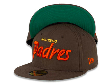 San Diego Padres New Era MLB 59FIFTY 5950 Fitted Cap Hat Light Brown Crown/Visor Orange/Yellow “Text” Logo Green UV
