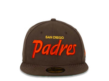 Load image into Gallery viewer, San Diego Padres New Era MLB 59FIFTY 5950 Fitted Cap Hat Light Brown Crown/Visor Orange/Yellow “Text” Logo Green UV
