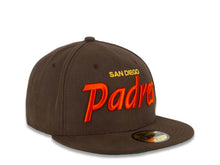 Load image into Gallery viewer, San Diego Padres New Era MLB 59FIFTY 5950 Fitted Cap Hat Light Brown Crown/Visor Orange/Yellow “Text” Logo Green UV
