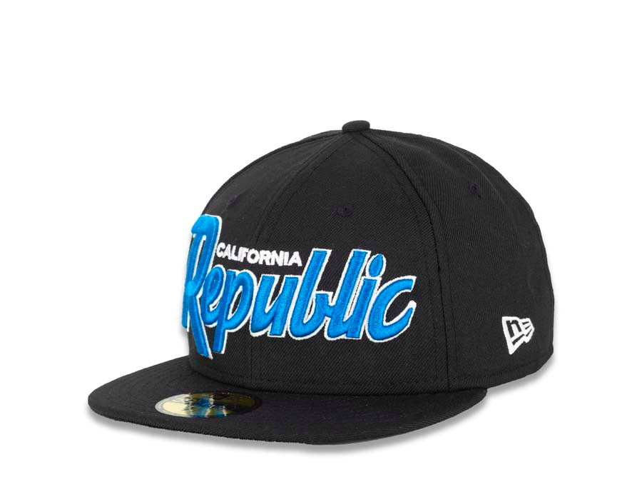 California Replubic New Era 59FIFTY 5950 Fitted Cap Hat Black Crown/Visor White/Blue Script Logo