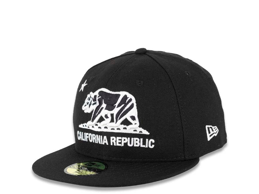 California Replubic New Era 59FIFTY 5950 Fitted Cap Hat Black Crown/Visor Black/White Bear Logo