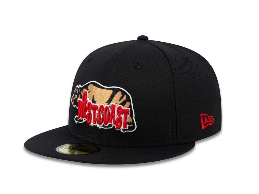 West Coast Bear New Era 59FIFTY 5950 Fitted Cap Hat Black Crown/Visor Brown./Red/White Logo 