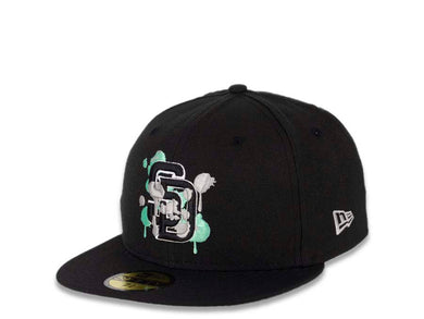 San Diego Padres New Era MLB 59FIFTY 5950 Cap Hat Black Crown/Visor Black/White/Teal Splatter Logo