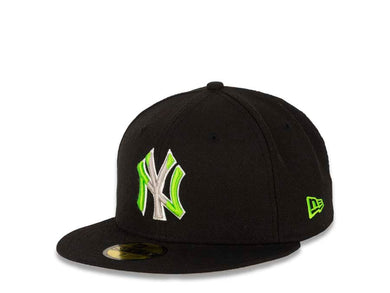 New York Yankees MLB 59FIFTY 5950 Fitted Cap Hat Black Crown/Visor Neon Green/Gray Multi-Color Logo 