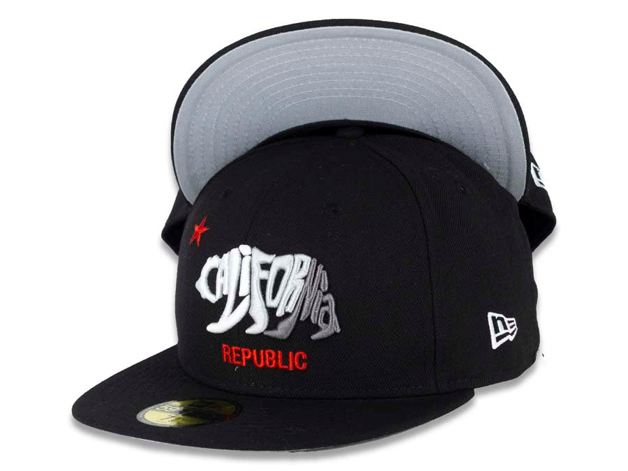 CALI CALIfornia New Era 59FIFTY 5950 Fitted Cap Hat Black Crown/Visor White/Gray/Red Bear Spelled Script Logo