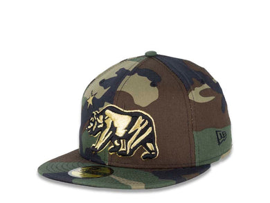 California Republic New Era 59FIFTY 5950 Fitted Cap Hat Camo Crown/Visor Metallic Gold/Black X-Large Logo