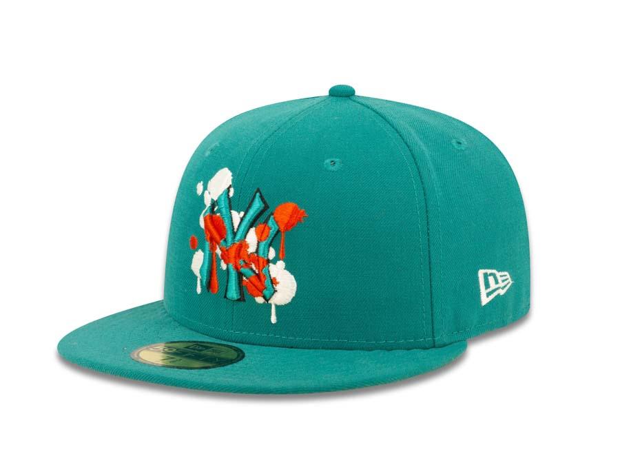 New York Yankees New Era MLB 59FIFTY 5950 Fitted Cap Hat Aqua Crown/Visor Orange/Aqua/White Splatter Logo 