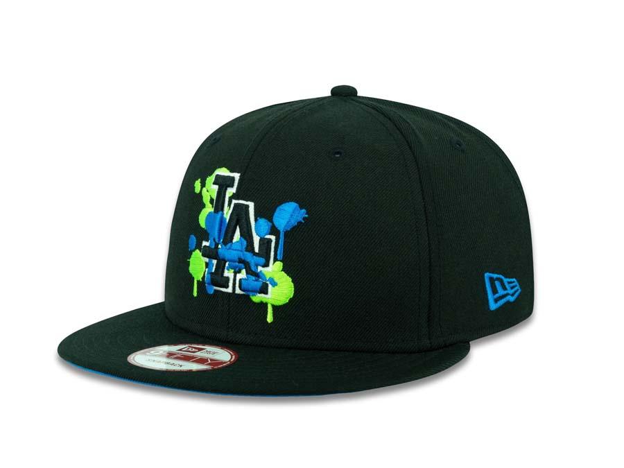 Los Angeles Dodgers New Era MLB 9FIFTY 950 Snapback Cap Hat Black Crown/Visor Black/Blue/Green Splatter Logo 