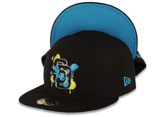 Load image into Gallery viewer, San Diego Padres MLB New Era 59FIFTY 5950 Fitted Cap Hat Black Crown/Visor Lime Green/Yellow/Black Splatter/Paint Logo Blue UV
