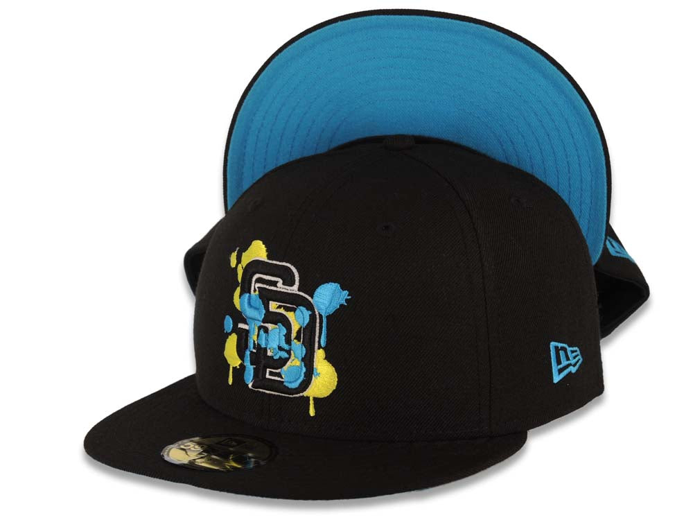 San Diego Padres MLB New Era 59FIFTY 5950 Fitted Cap Hat Black Crown/Visor Lime Green/Yellow/Black Splatter/Paint Logo Blue UV
