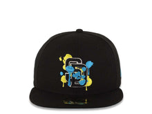 Load image into Gallery viewer, San Diego Padres MLB New Era 59FIFTY 5950 Fitted Cap Hat Black Crown/Visor Lime Green/Yellow/Black Splatter/Paint Logo Blue UV
