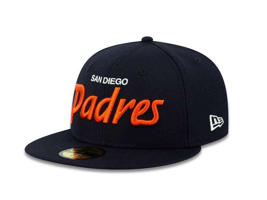 San Diego Padres New Era MLB 59FIFTY 5950 Fitted Cap Hat Navy Crown/Visor White/Orange Text Logo 