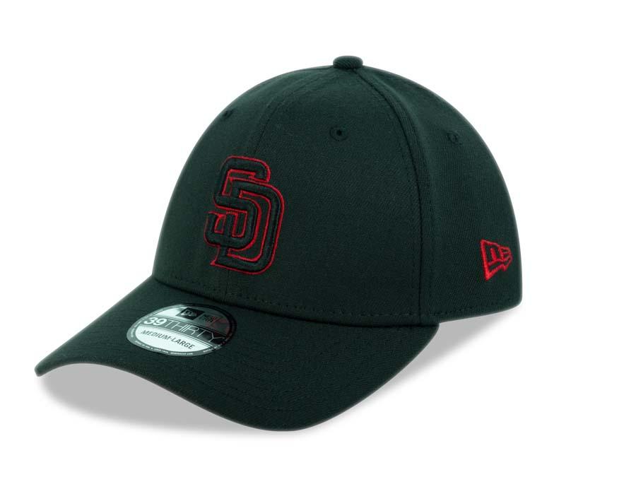San Diego Padres New Era MLB 39THIRTY 3930 Fitted Flexfit Cap Hat Black Crown/Visor Black/Red Logo 