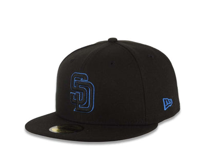 San Diego Padres New Era MLB 59FIFTY 5950 Fitted Cap Hat Black Crown/Visor Black/Blue Logo