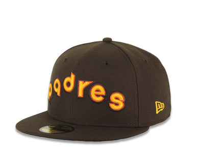 San Diego Padres New Era MLB 59FIFTY 5950 Fitted Cap Hat Brown Crown/Visor Yellow/Orange/Brown Script/Text Logo