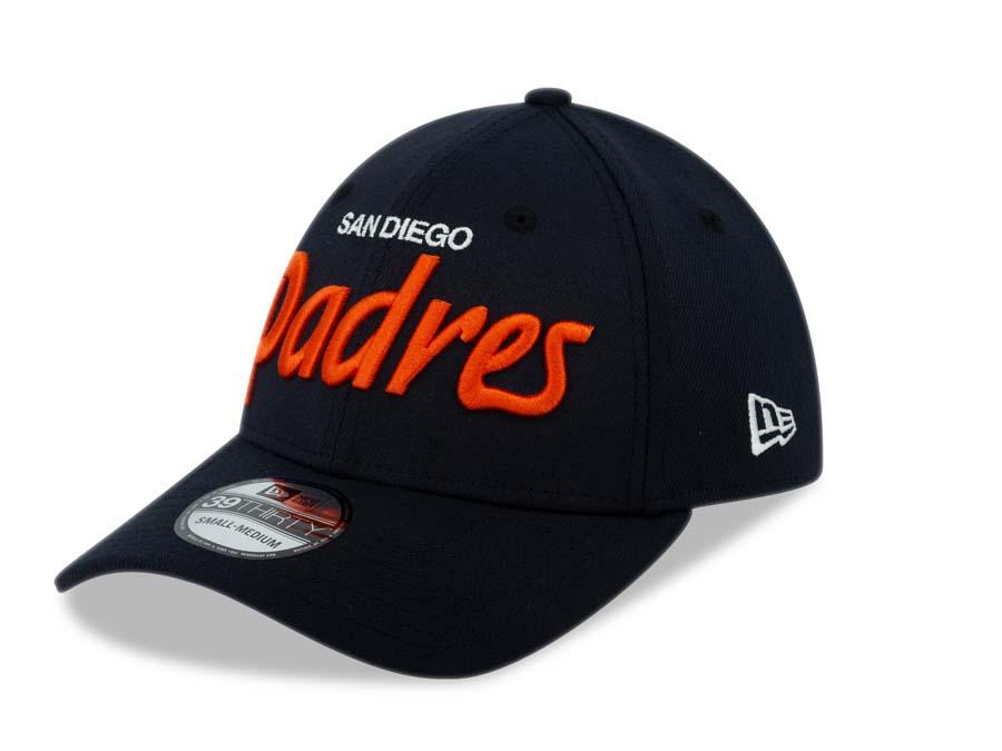 San Diego Padres New Era MLB 39THIRTY 3930 Flexfit Cap Hat Navy Crown/Visor White/Orange Script Logo
