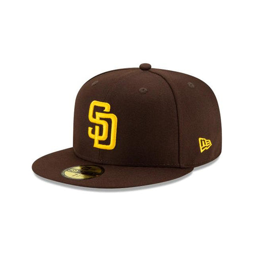(Youth/Adult) San Diego Padres New Era MLB 59FIFTY 5950 Fitted Onfield Cap Hat Team Color Dark Brown Crown/Visor Yellow Logo