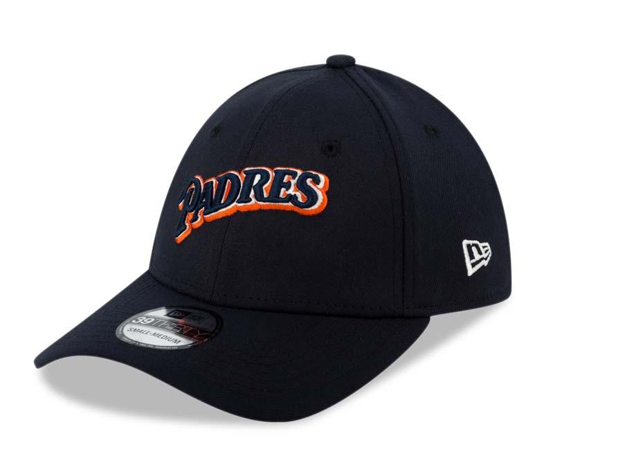 San Diego Padres New Era MLB 39THIRTY 3930 Flexfit Cap Hat Navy Crown/Visor Navy/White/Orange Script Logo