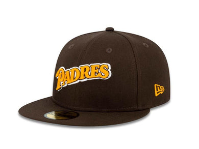San Diego Padres New Era MLB 59FIFTY 5950 Fitted Cap Hat Brown Crown/Visor Brown/Yellow/White Script Logo