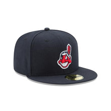Load image into Gallery viewer, Cleveland Indians New Era MLB 59Fifty 5950 Fitted Cap Hat Navy Crown/Visor Team Color Chief Wahoo Logo
