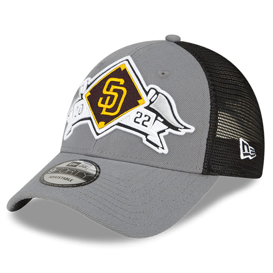 San Diego Padres New Era MLB 9FORTY 940 Adjustable Mesh Trucker Cap Hat Gray/Black Crown Yellow Logo (2022 League Division Series Winner Locker Room)