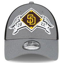 Load image into Gallery viewer, San Diego Padres New Era MLB 9FORTY 940 Adjustable Mesh Trucker Cap Hat Gray/Black Crown Yellow Logo (2022 League Division Series Winner Locker Room)
