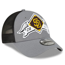 Load image into Gallery viewer, San Diego Padres New Era MLB 9FORTY 940 Adjustable Mesh Trucker Cap Hat Gray/Black Crown Yellow Logo (2022 League Division Series Winner Locker Room)
