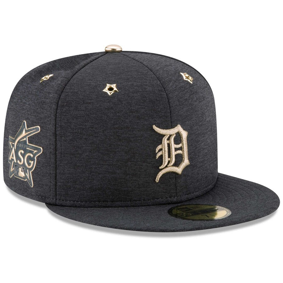 Detroit Tigers New Era MLB 59FIFTY 5950 Fitted Cap Hat Black Crown/Visor Metallic Gold Logo 2017 All-Star Game Side Patch