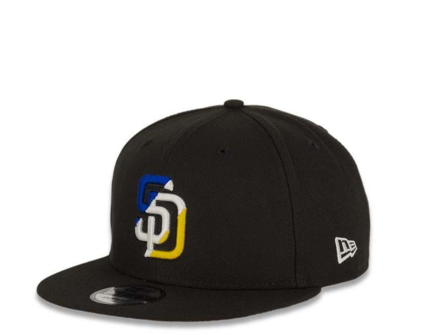 New Era MLB 9Fifty 950 Snapback San Diego Padres Cap Hat Black Crown Blue/White/Yellow Tricolor Logo Gray UV